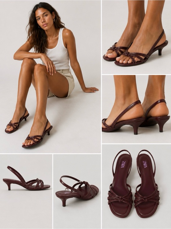 ZARA WOMAN NWT SS25 BURGUNDY RED STRAPPY KITTEN HEELS ALL  ZARA Burgundy Strappy Low Heel Sandals